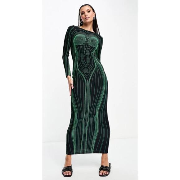 The Kript Large Corpo Maxi Dress Green Black Hourglass Body Print Long Sleeves - Picture 1 of 10